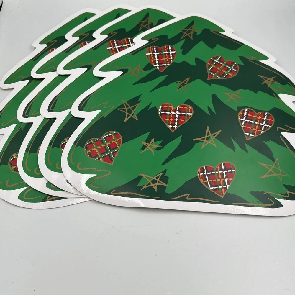 Set of 4 Vintage Trim a Home Vinyl Placemats Christmas Tree Hearts Stars Holiday